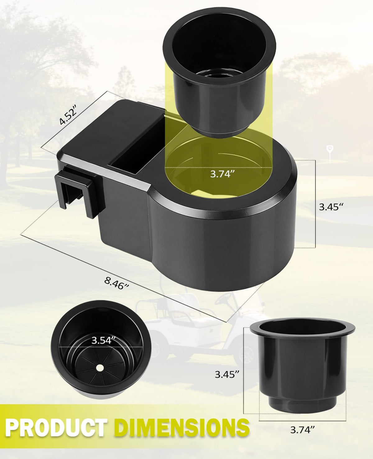 Xislet-compatible cup holder on EZGO/Club Car/Yamaha cart; fits 1-1.25 inch frames