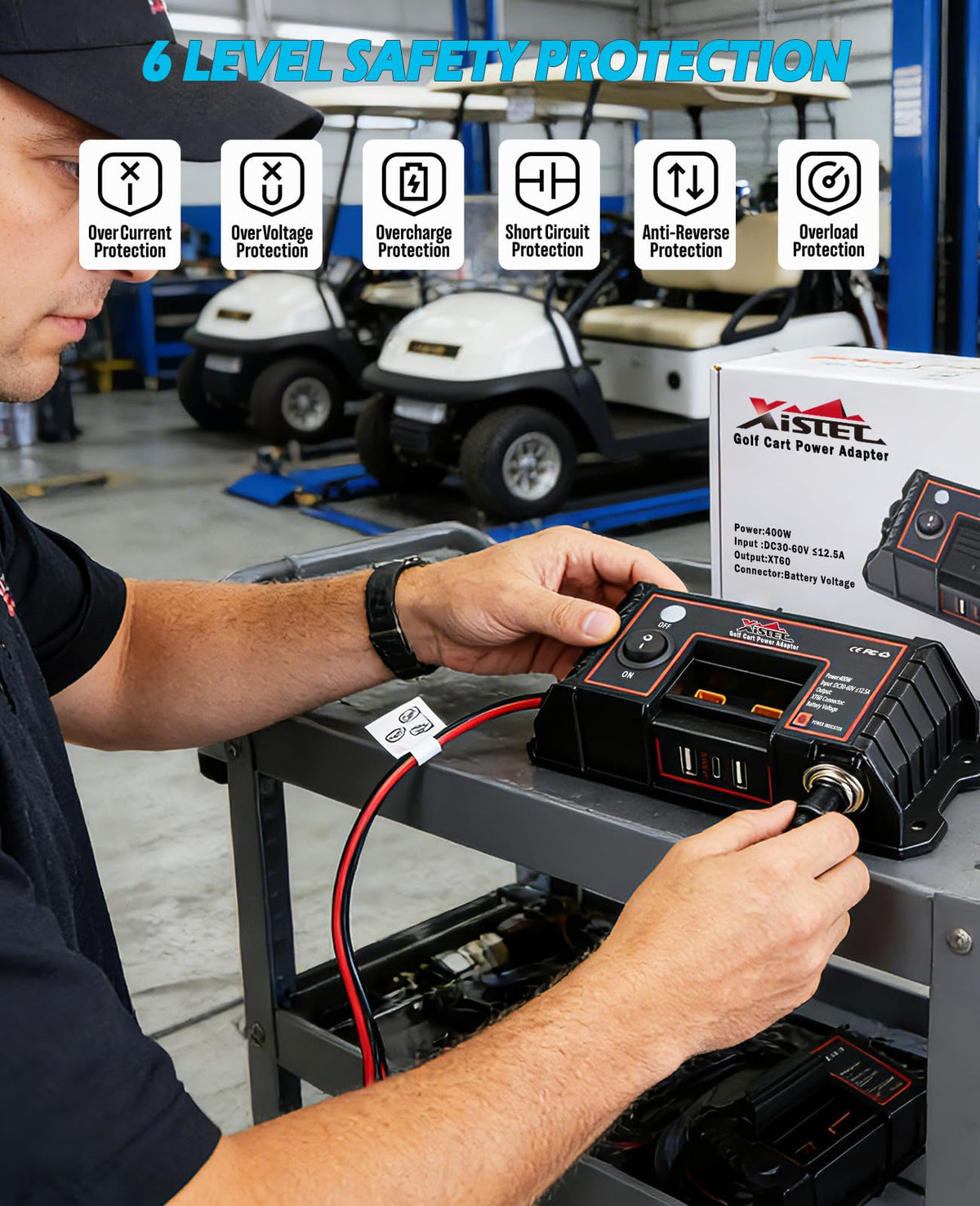 IP66 waterproof housing for durable, weather-ready golf cart power.