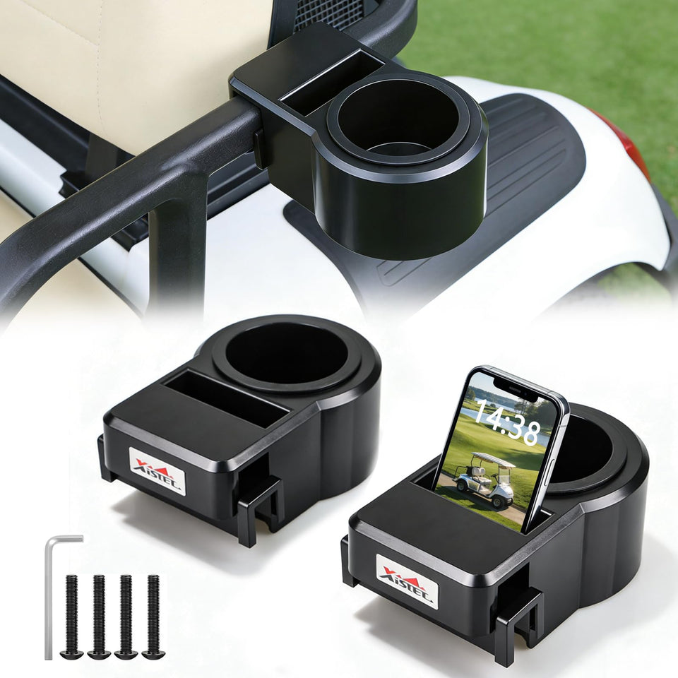 Xislet universal golf cart cup holder side view; keeps drinks accessible on sunny rides