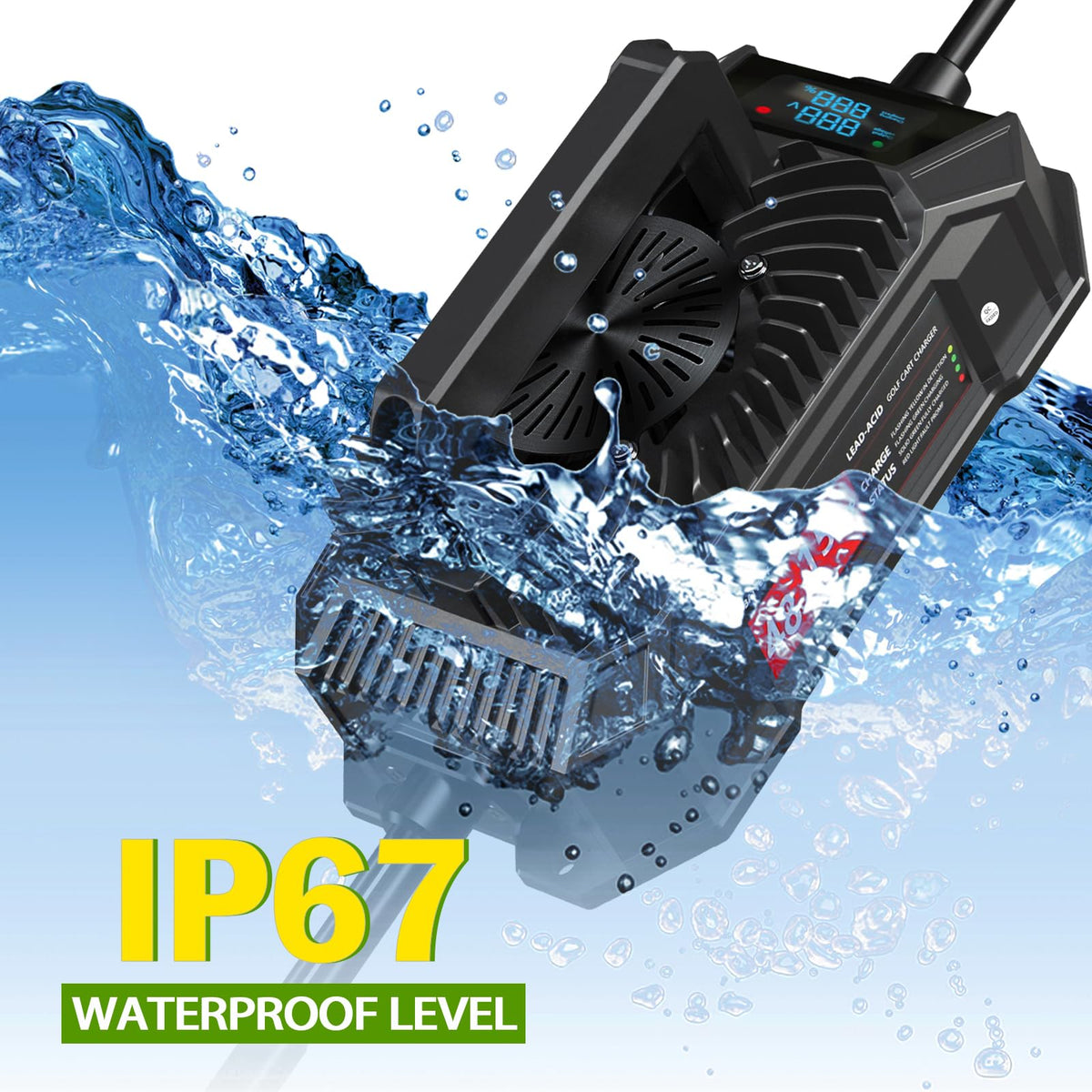 Xislet waterproof 48V charger in black for outdoor golf-cart use.