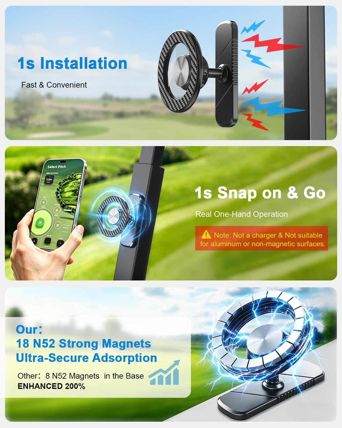 Xitalia Magnetic Golf Cart Phone Holder features snap-on design for one-handed setup.