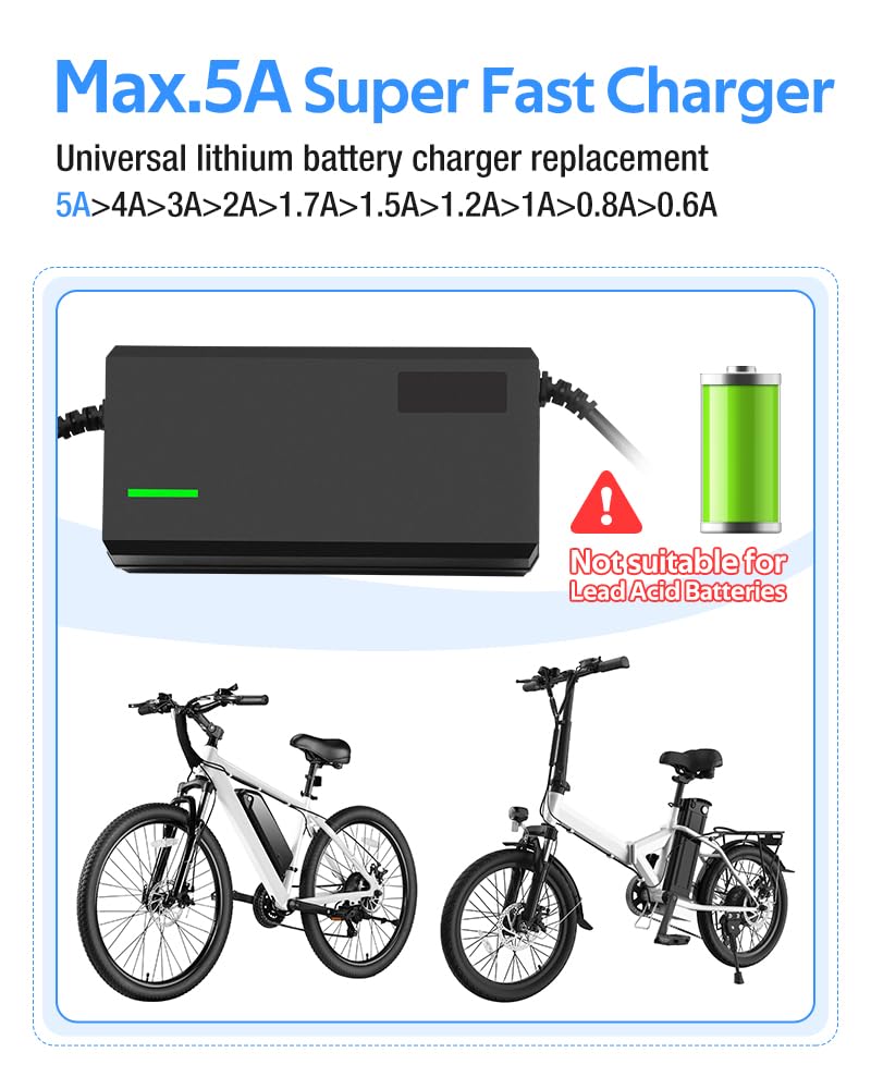 XIUWK 42V5A charger in use with lawn mower battery.