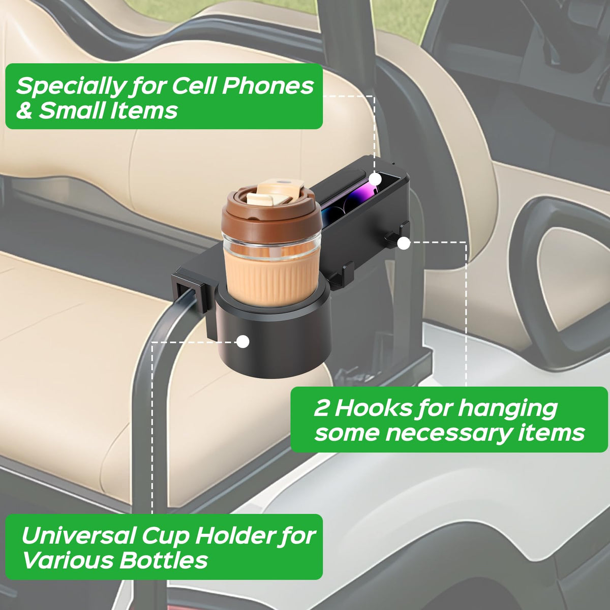 Xoxocos armrest phone holder visible for easy device access on the go.