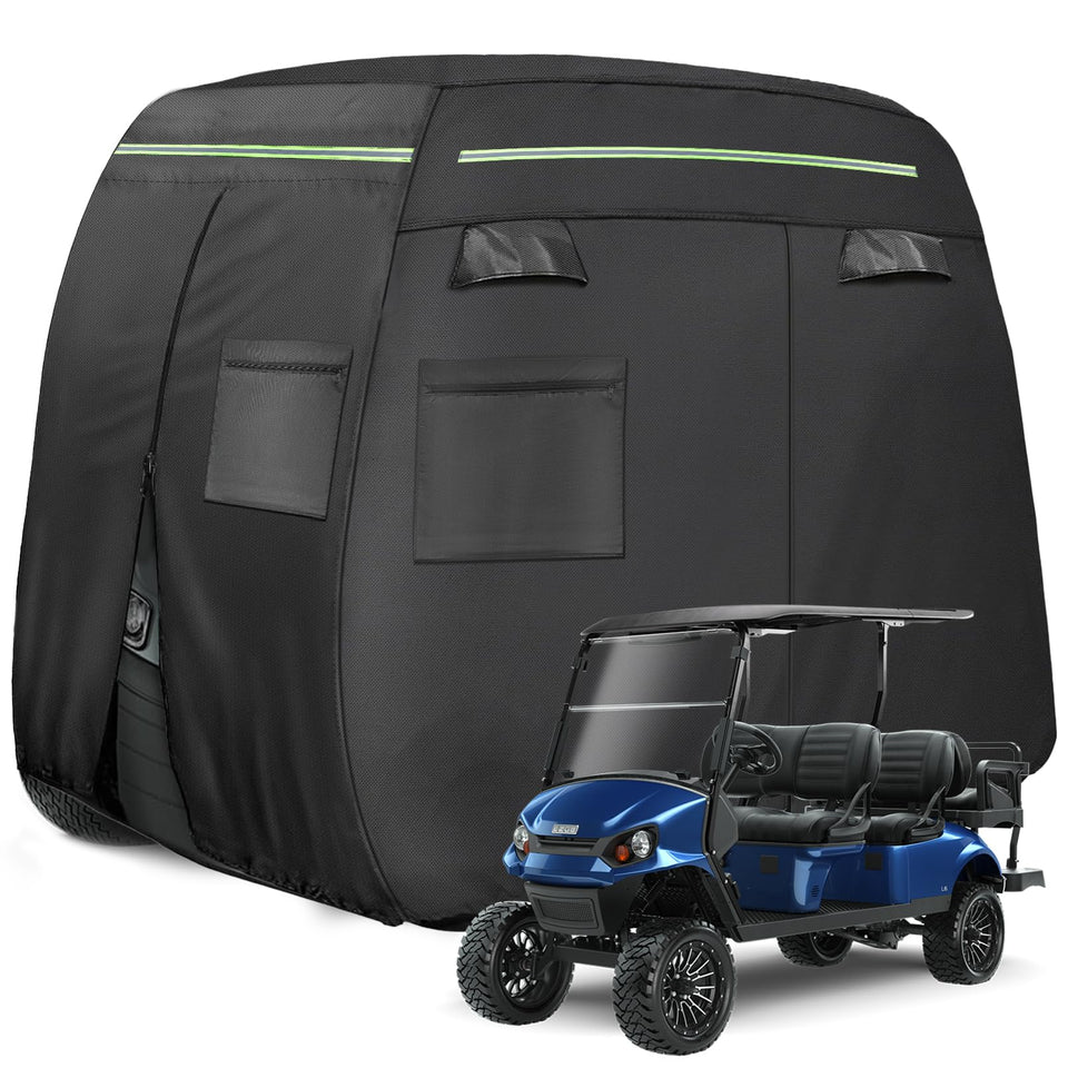 Xoxocos 6-passenger golf cart cover fitting EZGO/Club Car/Yamaha for all-season protection.