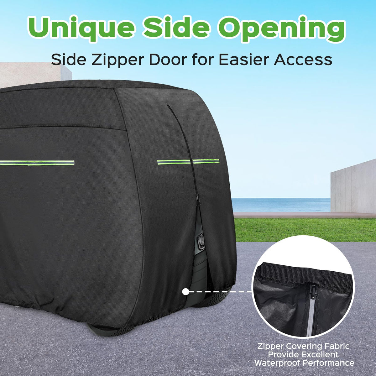 Xoxocos golf cart cover made with dupont oxford fabric for rugged weather resistance.