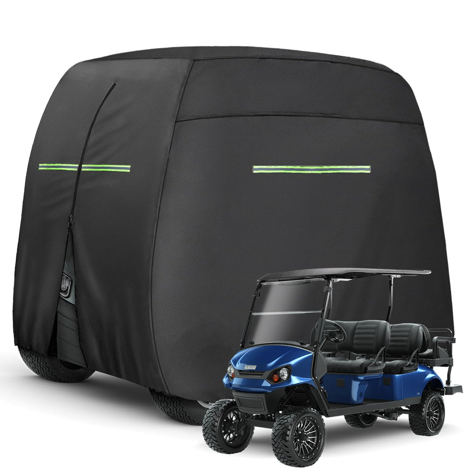 Xoxocos premium 6-passenger golf cart cover front view with FRONT label for easy installation.
