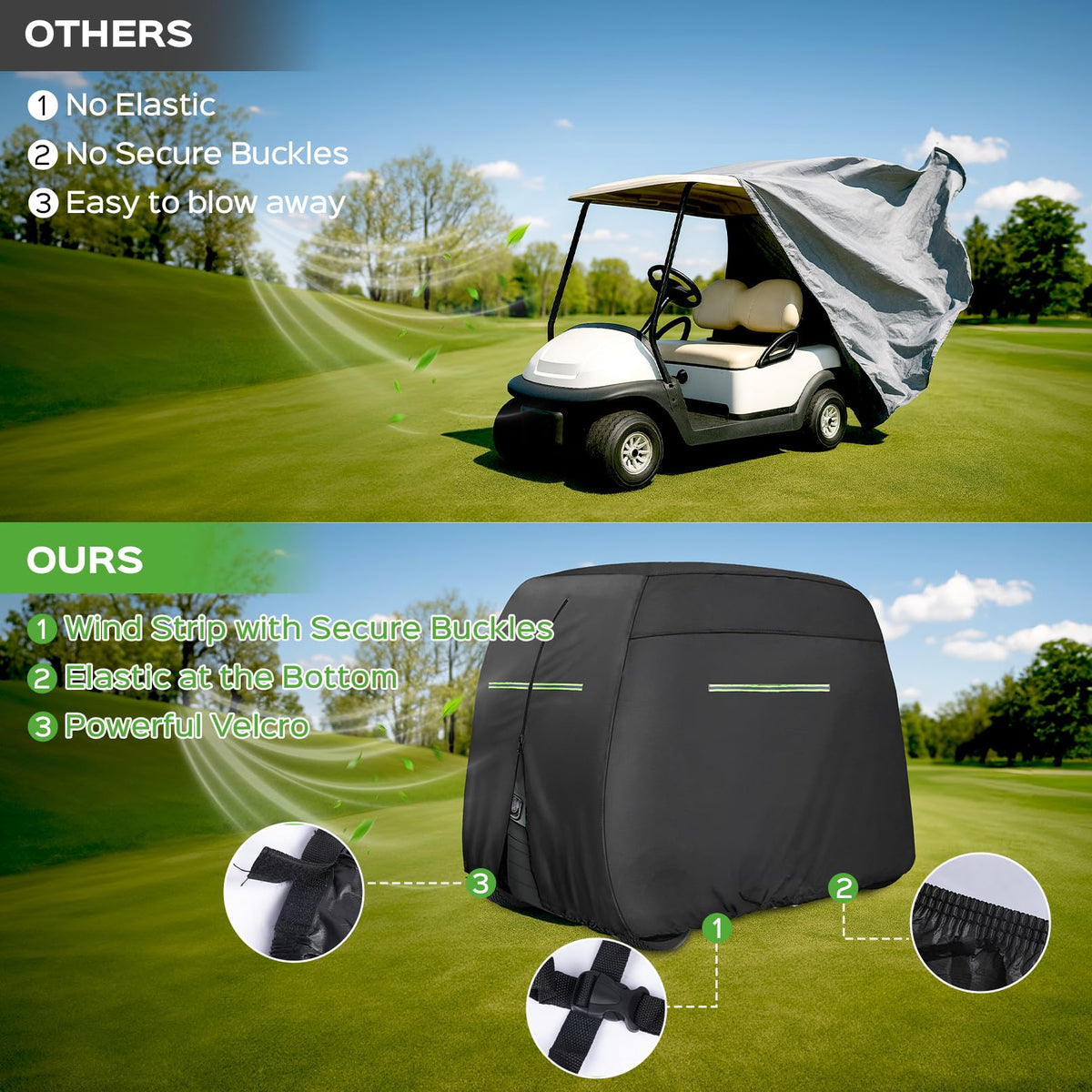 Xoxocos golf cart cover at night showing reflective strips for improved visibility.