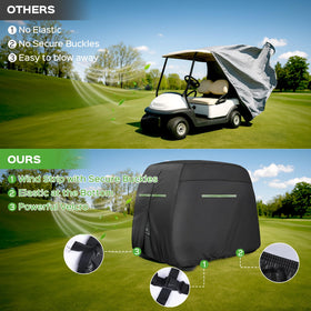 Xoxocos golf cart cover at night showing reflective strips for improved visibility.