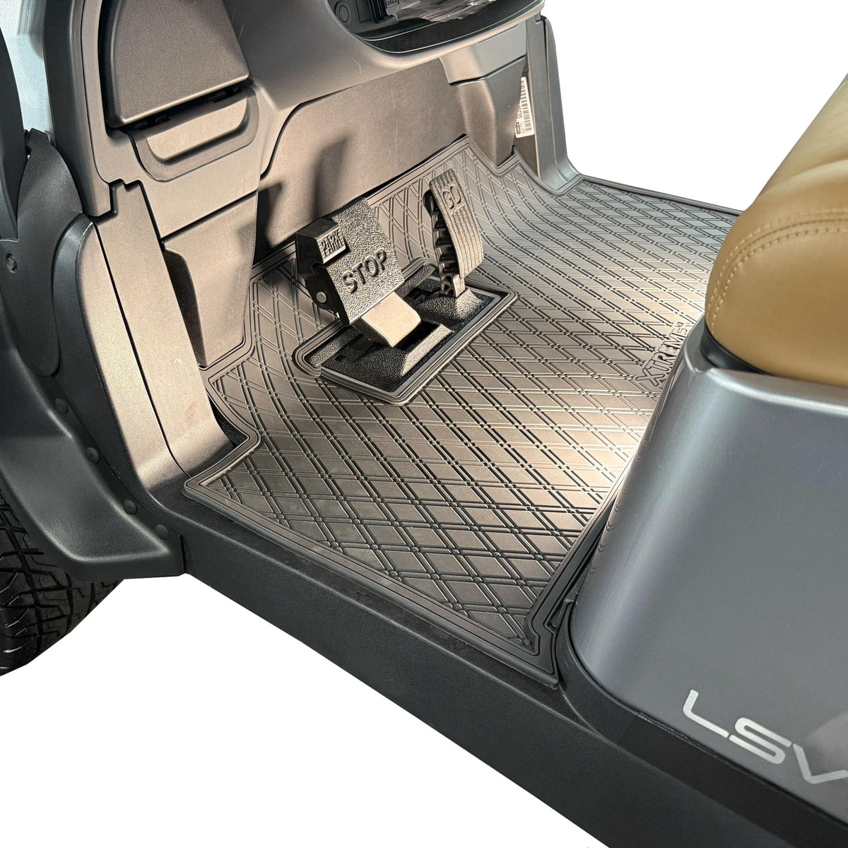 Xtreme Golf Cart Mats diamond rubber floor mat with blue trim protects your cart floor.