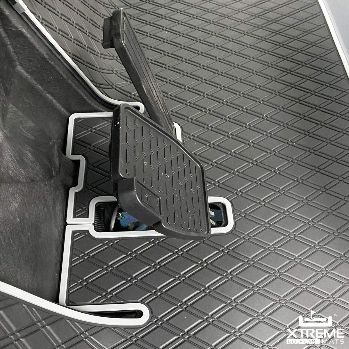 Xtreme Mats black with grey trim for a sleek golf cart interior.