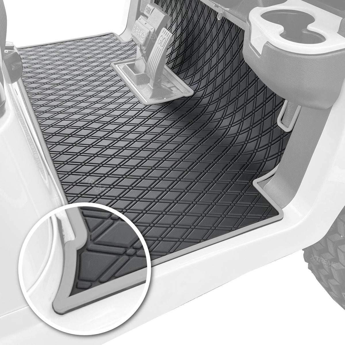 Xtreme Mats full-coverage Club Car Precedent mat in gray protects OEM flooring from wear and spills.
