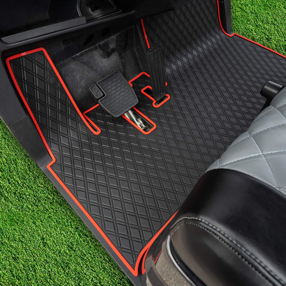 Xtreme Mats golf cart floor mat in black with red trim for durable, confident grip.