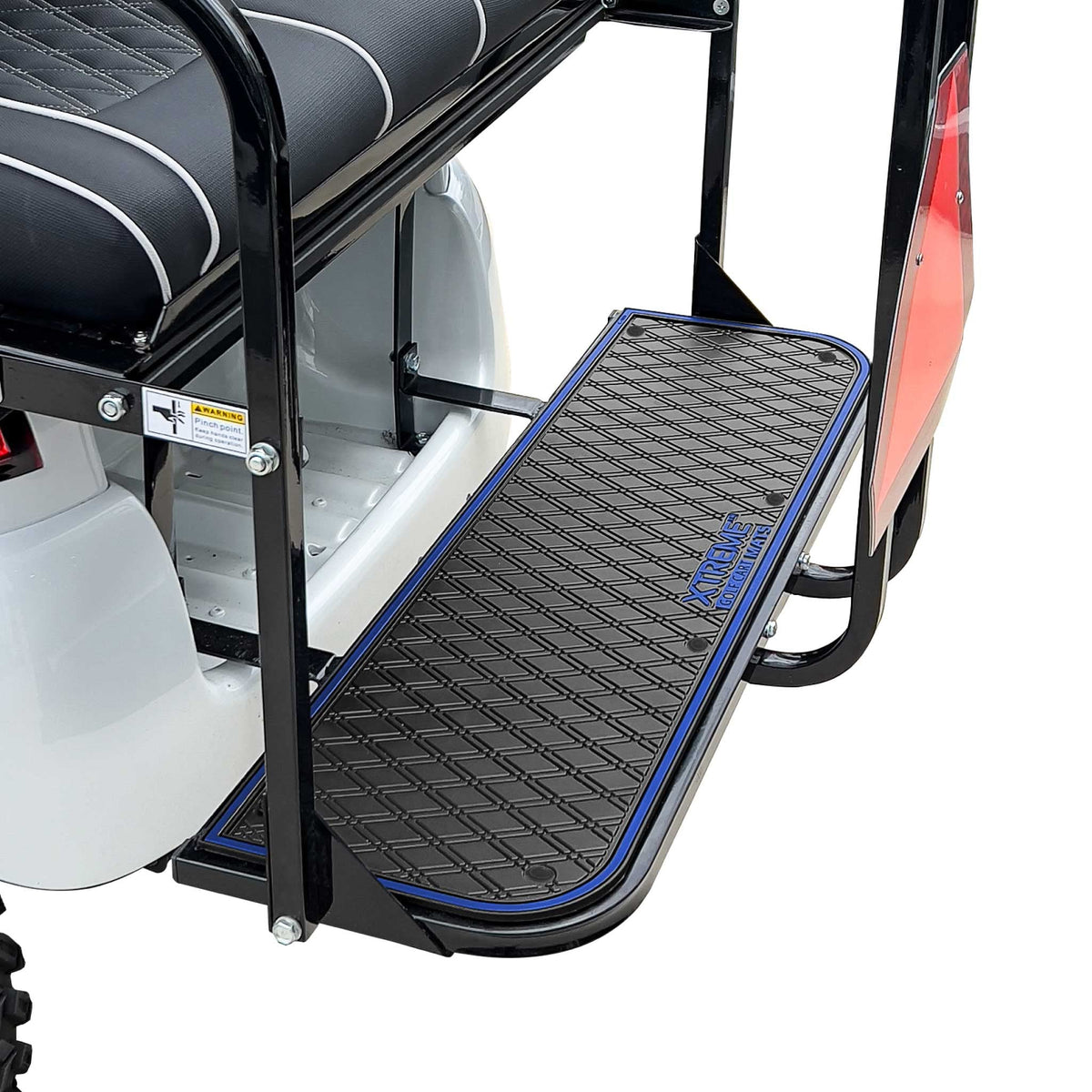 Xtreme Mats rear foot rest mat in blue trim protects flooring and enhances rear-seat comfort.