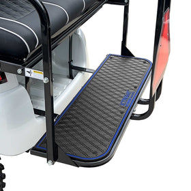 Xtreme Mats rear foot rest mat in blue trim protects flooring and enhances rear-seat comfort.