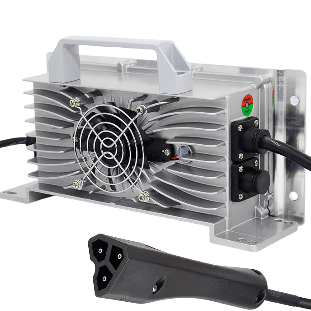 Xtuboz golf cart charger front view, showcasing compact design and plug-in ease.