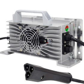 Xtuboz golf cart charger front view, showcasing compact design and plug-in ease.