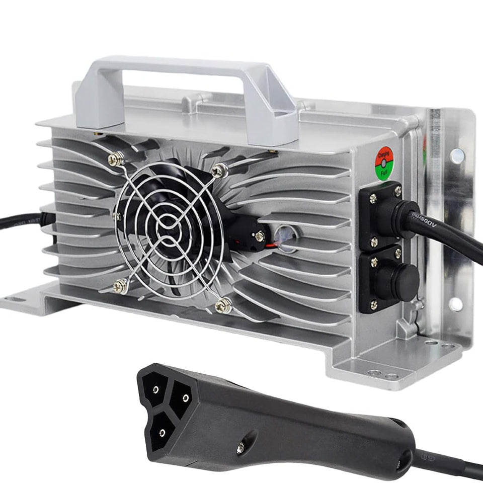 Xtuboz golf cart charger front view, showcasing compact design and plug-in ease.