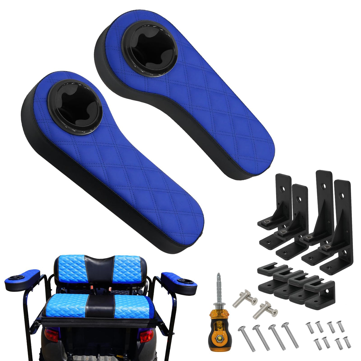 XUANYUDG0769 golf cart armrest with cup holder in diamond blue—secure, easy accessibility.