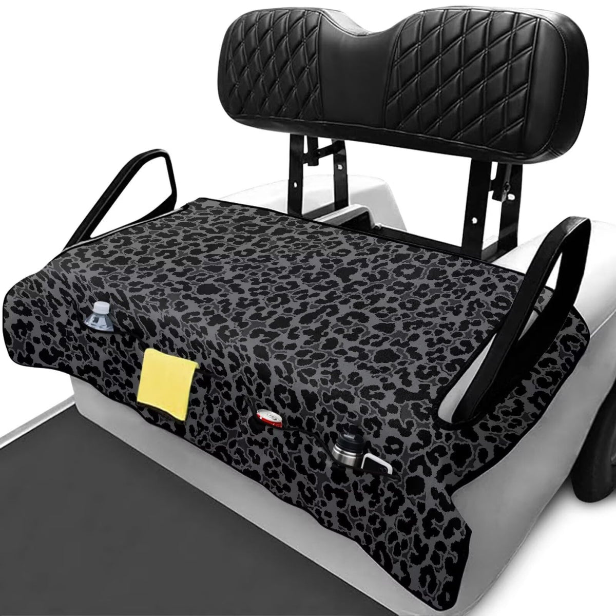 Xumfabuy leopard print golf cart seat cover shows universal fit and protection.