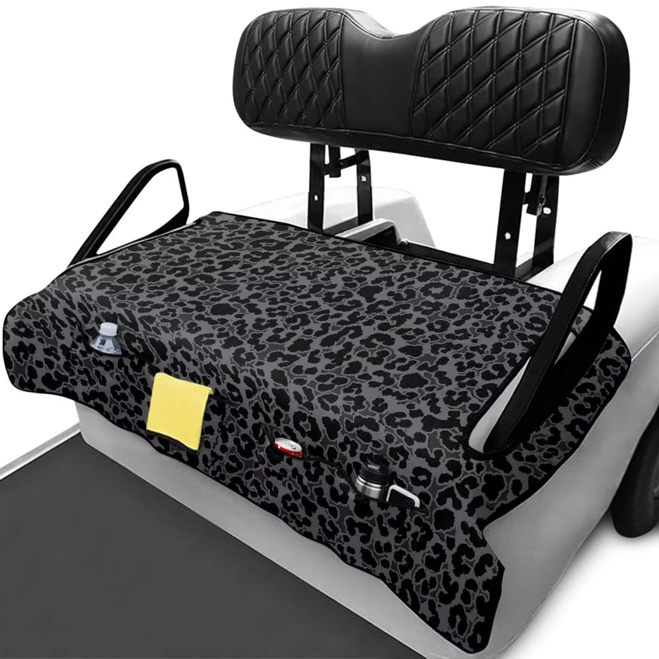 Xumfabuy leopard print golf cart seat cover shows universal fit and protection.