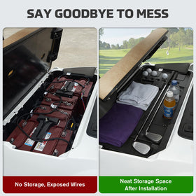 Installation guide for XUTVOTOR tray shows tool-free setup on a Club Car Tempo.