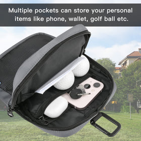 Clip-on design shows the pouch mounted on a golf bag.