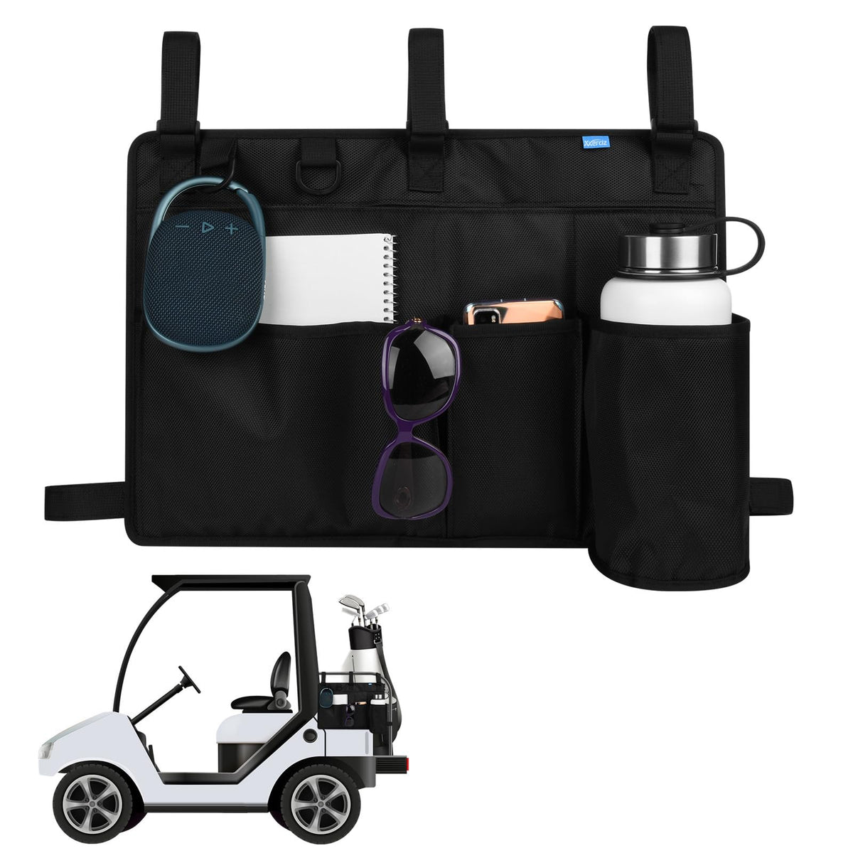 Xxerciz golf cart rear seat organizer attached for quick access and tidy storage.