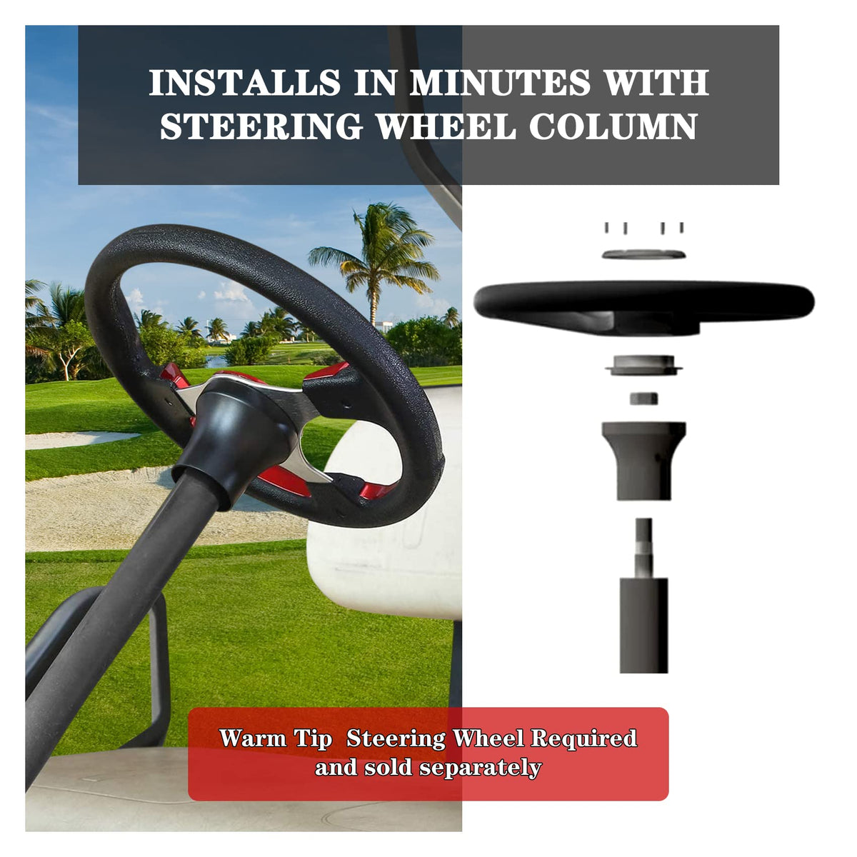 Yamaha steering wheel adapter installed on a golf cart demonstrates quick installation.