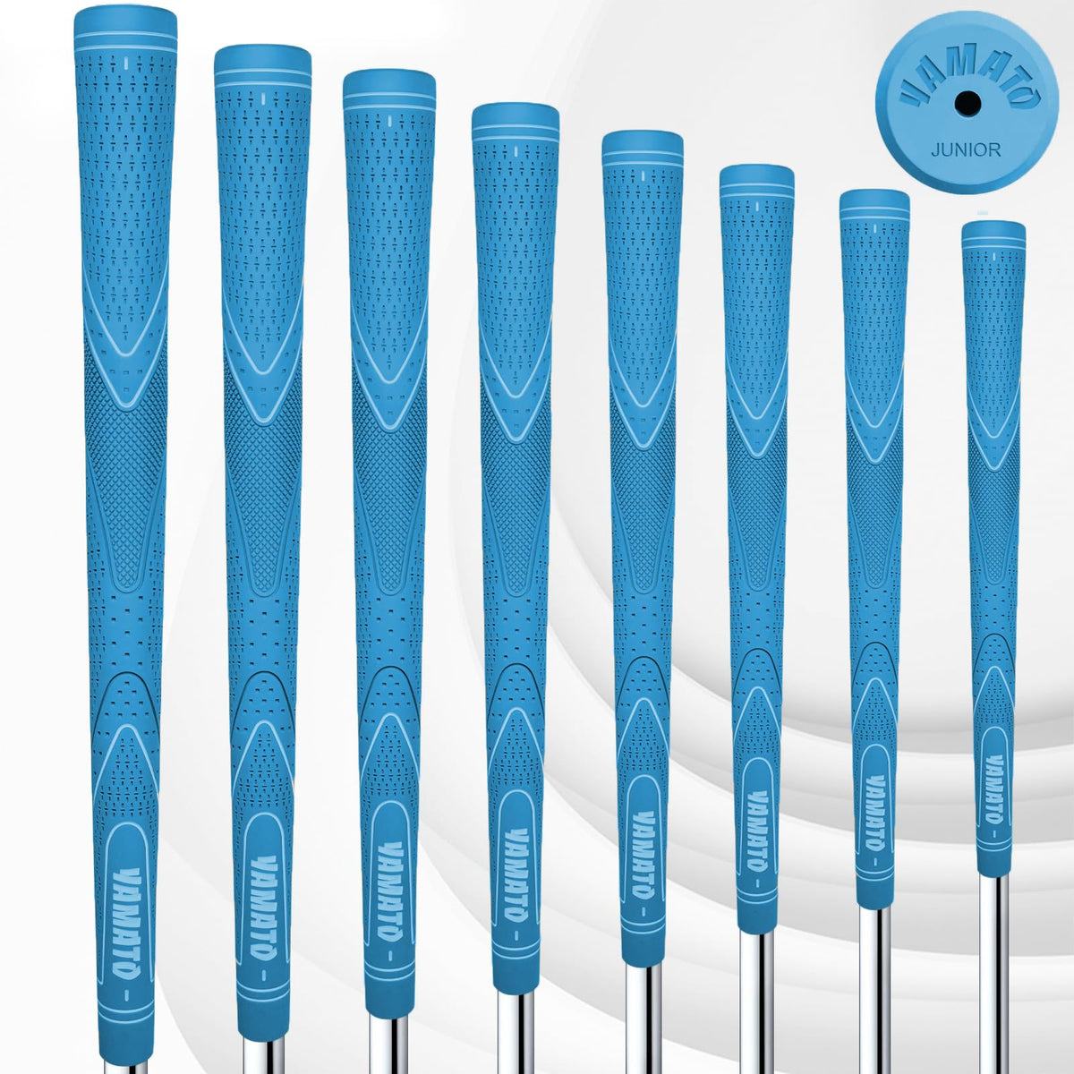 Yamato Junior Golf Grips blue 8-pack packshot highlighting non-slip texture for young players