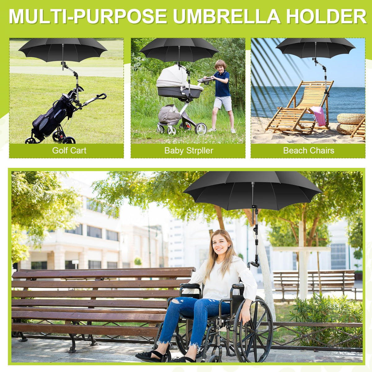 Yaocom universal clip-on umbrella holder with tilt adjustment.