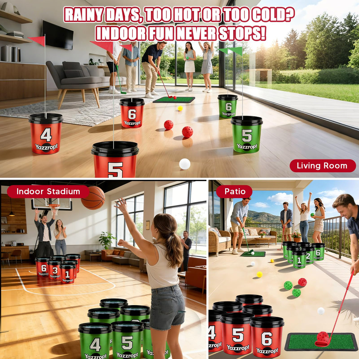 Yazzropt Buckets and scoreboards offer clear visibility and scoring.