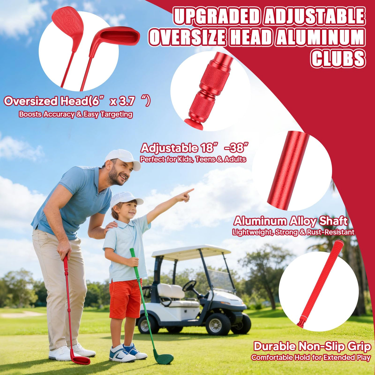 Yazzropt Adjustable bucket golf clubs support players of different heights.