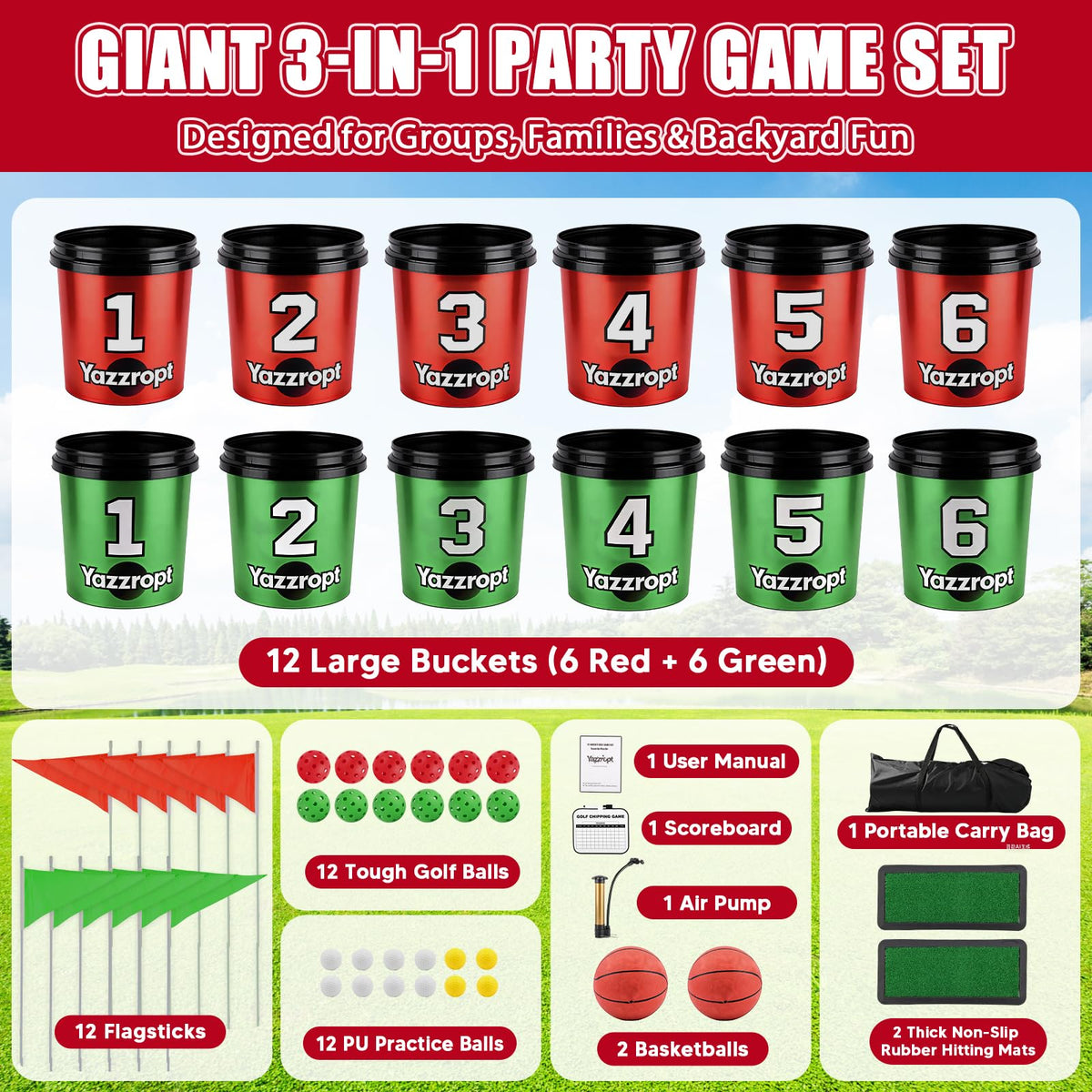 Yazzropt pickleballs included for fast-paced bucket golf play.