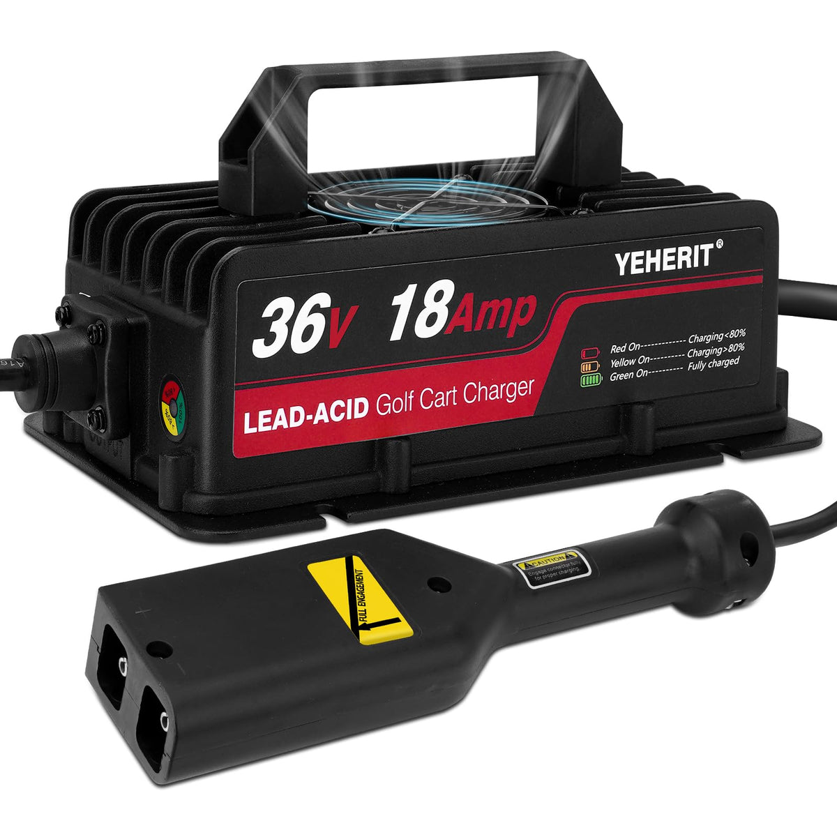 YEHERIT 36V charger for EZGO TXT with D-style plug, outdoor-ready charging