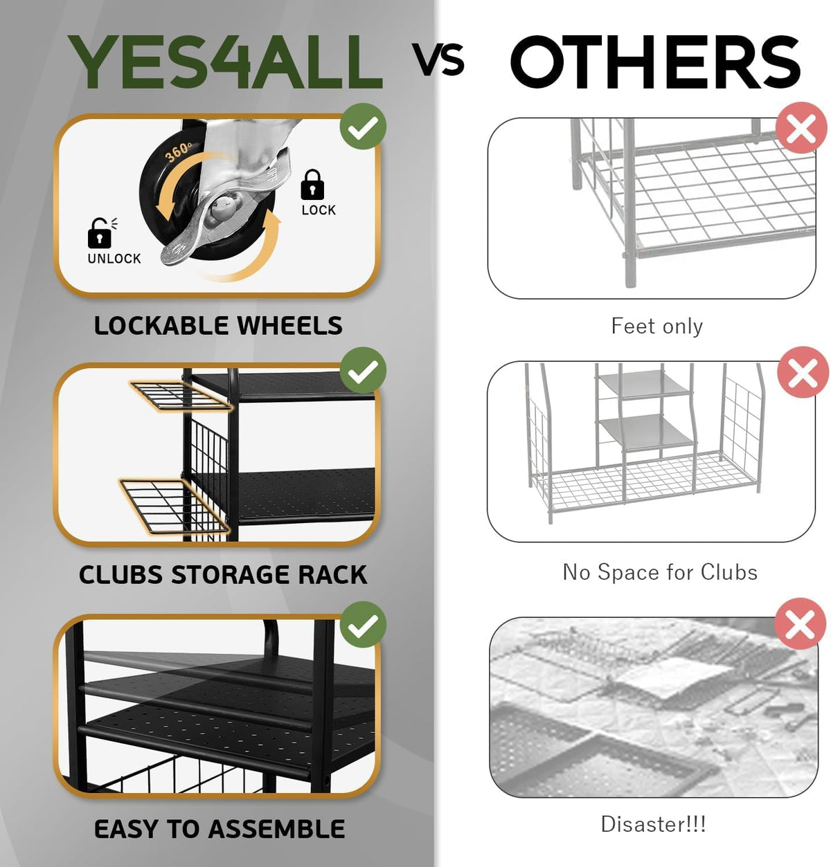 Yes4All multi-shelf golf organizer stores clubs, shoes, and balls neatly.