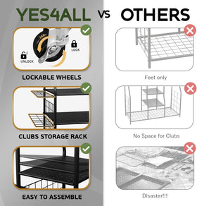 Yes4All multi-shelf golf organizer stores clubs, shoes, and balls neatly.
