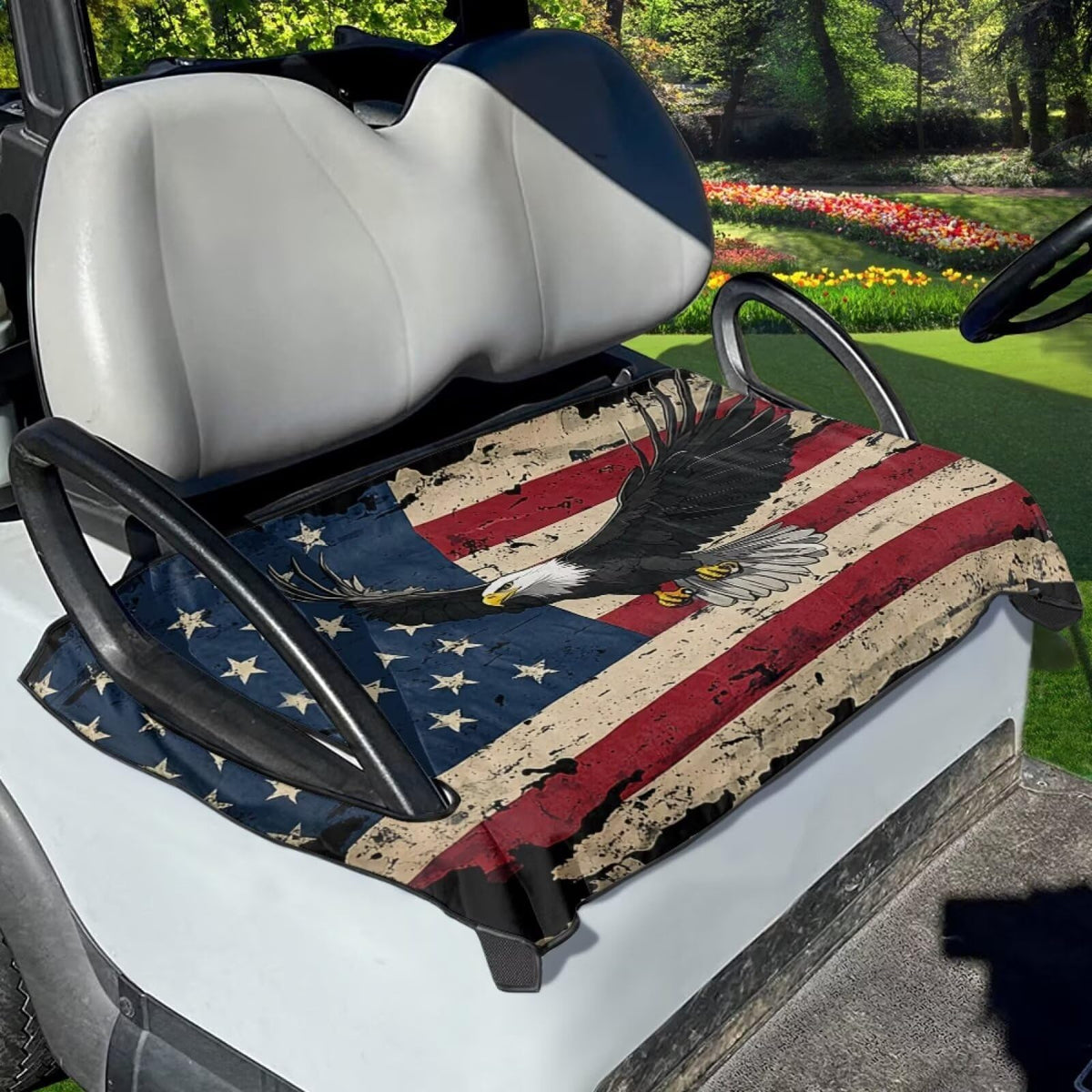 Yewattles Beach Cart Seat Cover with flag and eagle protects seats outdoors.