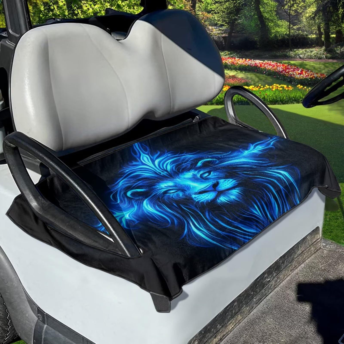 Yewattles Blue Lion golf cart seat cover protects seats from spills and stains.