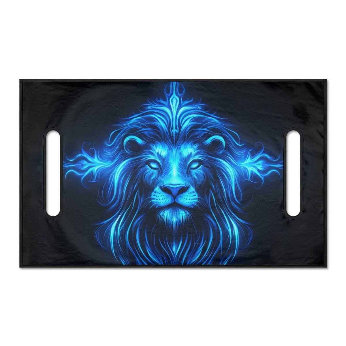 Patterned Yewattles Blue Lion seat cover adds vibrant palm leaf style.