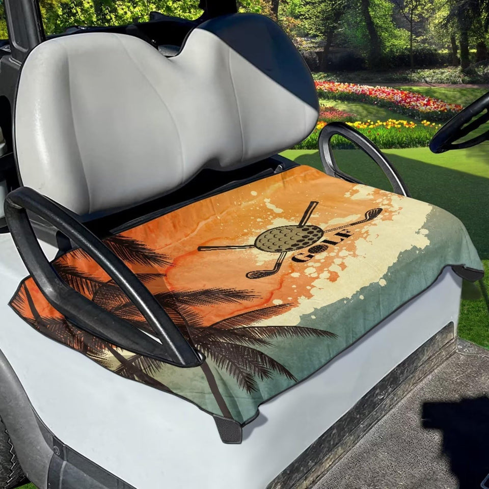 Yewattles palm leaf seat cover on a 2-seat golf cart protecting seats and enhancing style.