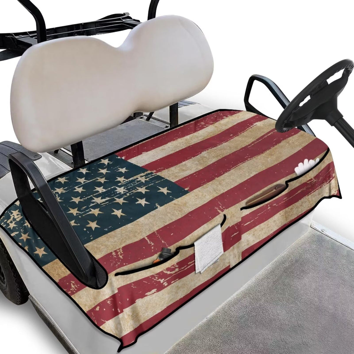 Yewattles vintage American flag golf cart seat cover adds patriotic style and seat protection.