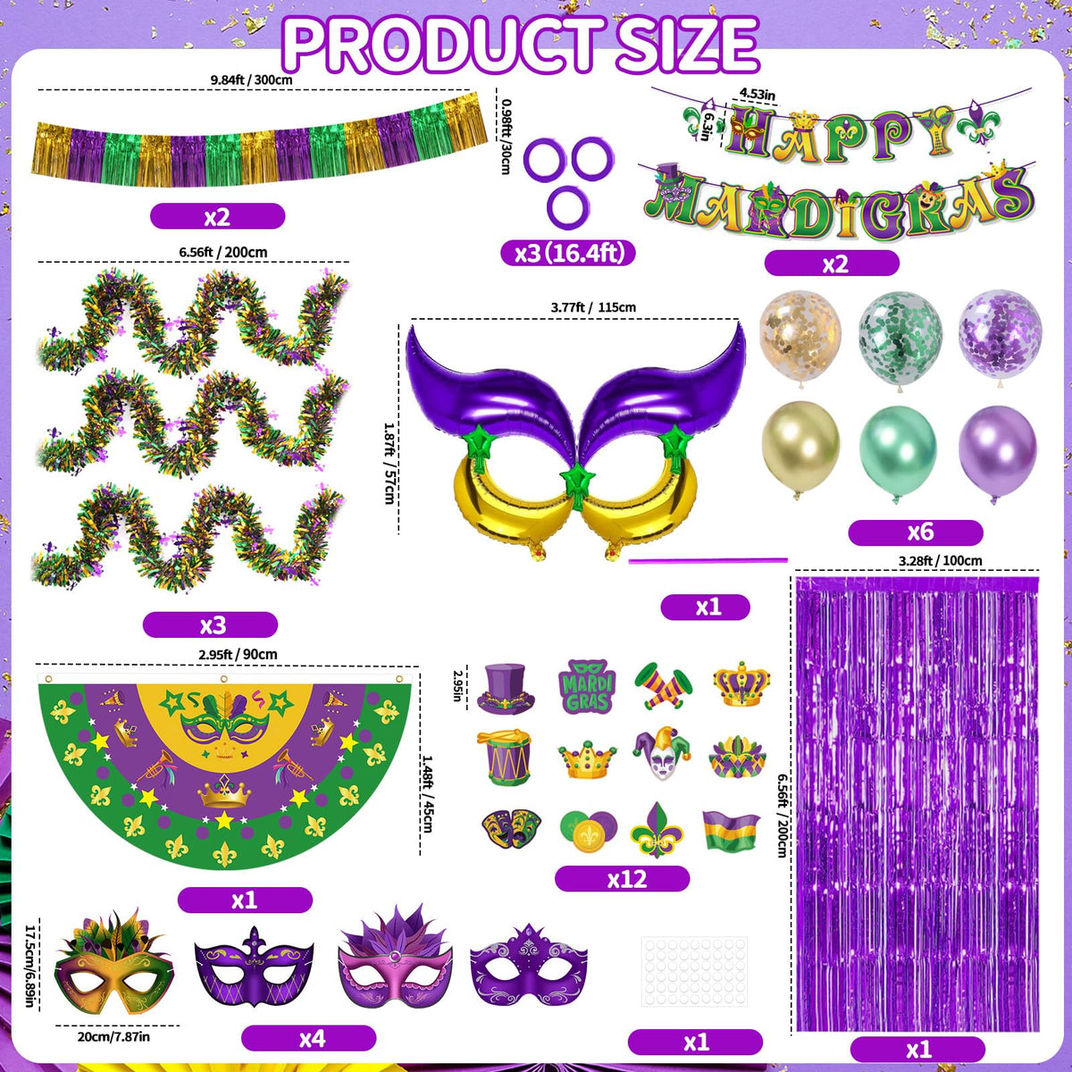 Balloons in purple, green and gold add vibrant color to the Mardi Gras setup.
