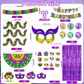 Balloons in purple, green and gold add vibrant color to the Mardi Gras setup.
