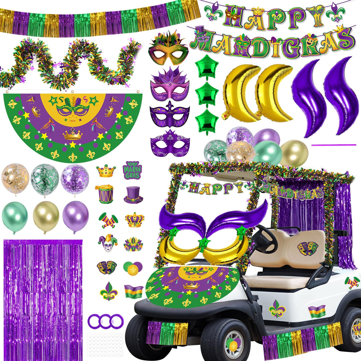 YGEINIT Mardi Gras golf cart decor kit on cart for festive outdoor celebrations.