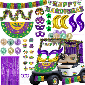 YGEINIT Mardi Gras golf cart decor kit on cart for festive outdoor celebrations.