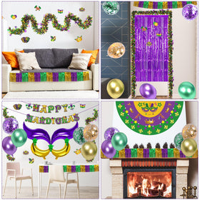 Purple-green-gold metallic tinsel garlands add sparkle and structure.