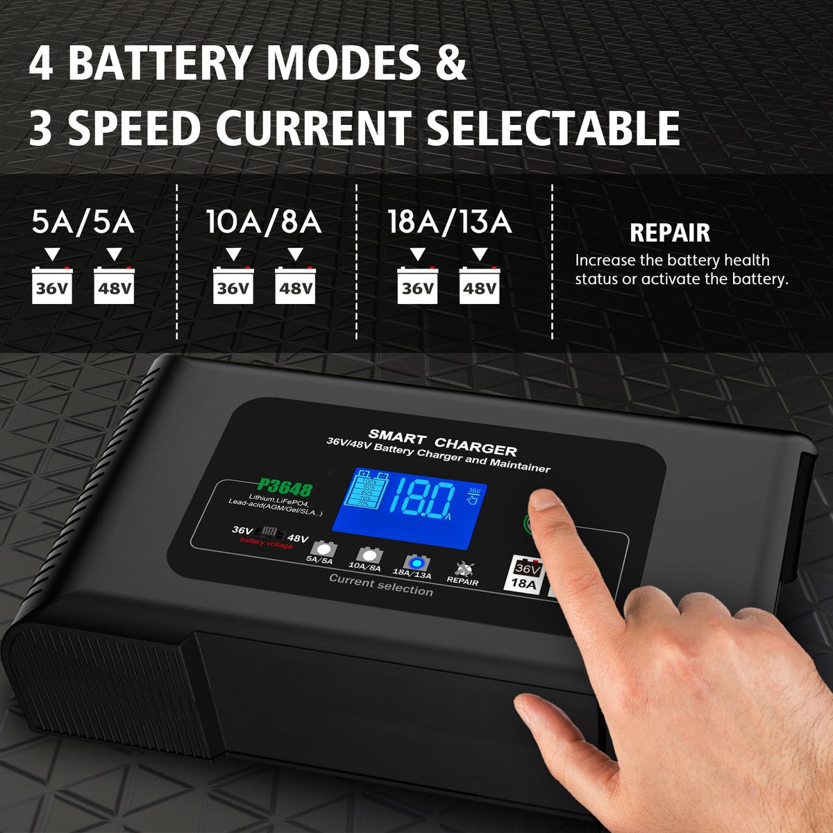 YHCHKJ Lifepo4-compatible charger supports LiFePO4 and lead-acid packs safely.