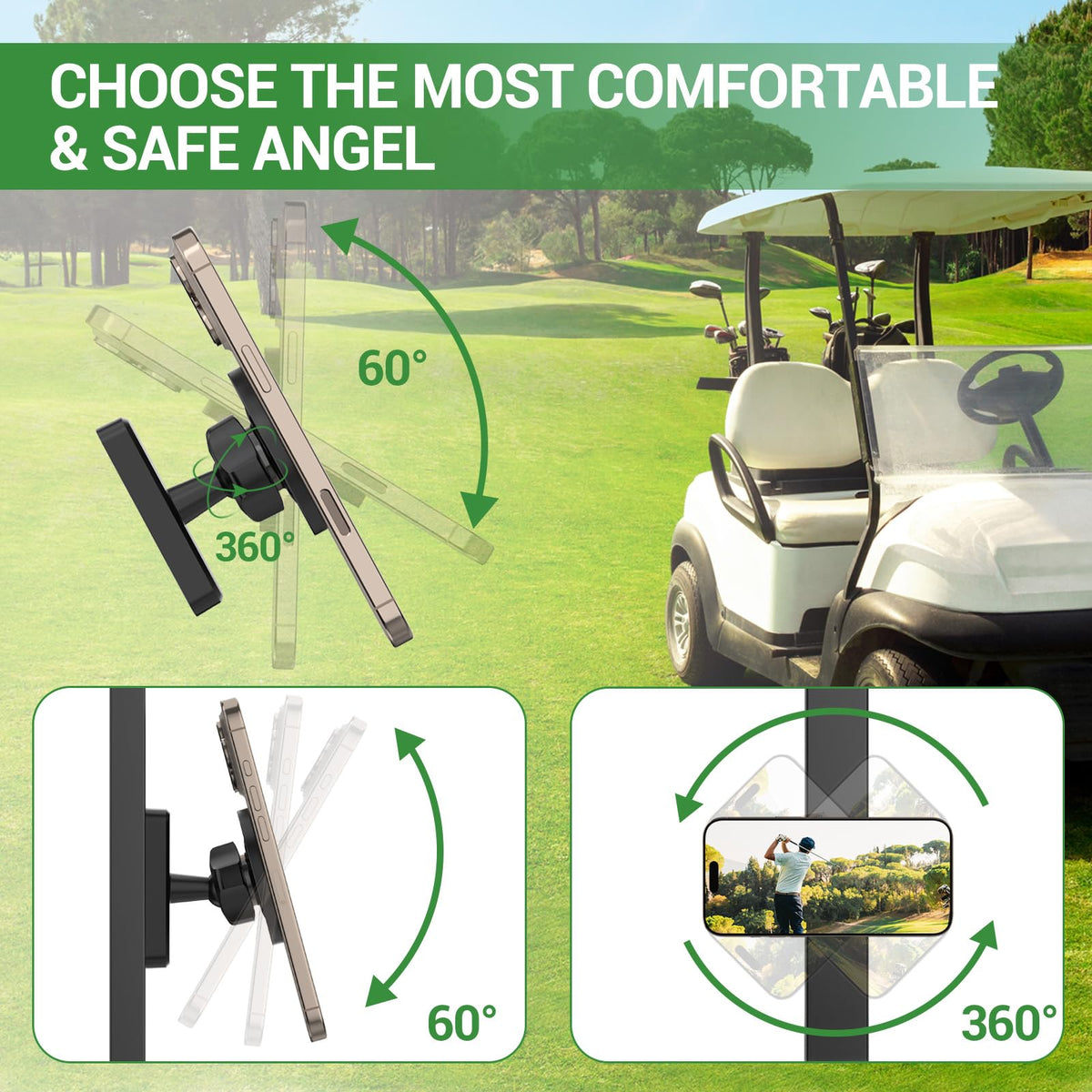 Yianerm mount compatible with EZGO, Club Car, Yamaha golf carts on metal bodies.