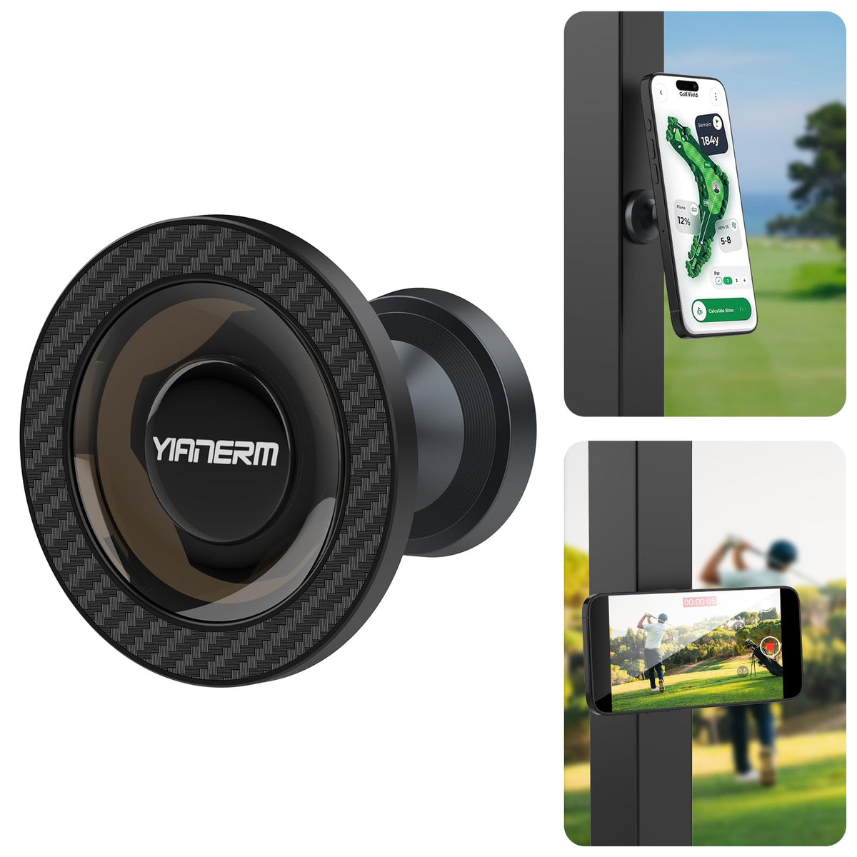 Yianerm magnetic golf cart phone holder secures phones with a strong magnet.