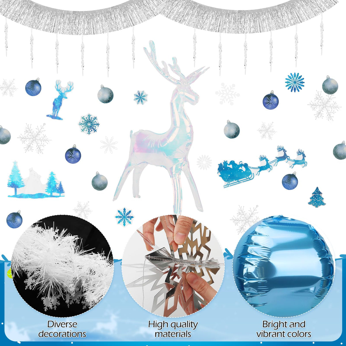 YIBOBO white tinsel garlands frame scenes with soft shimmer